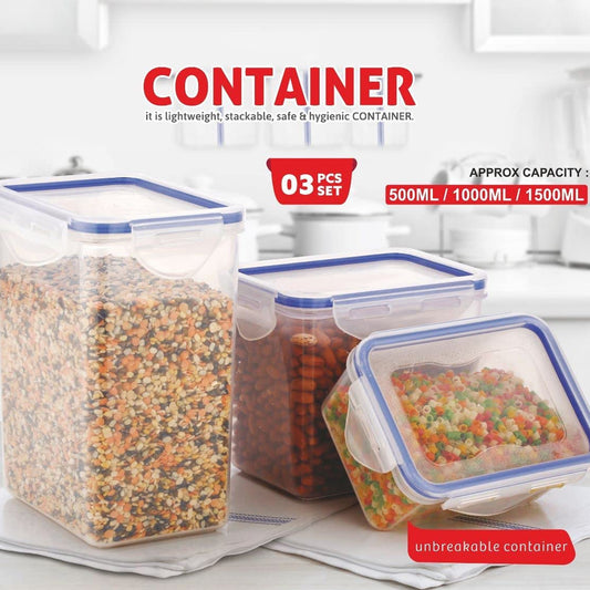 Rectangle Abs Airtight Food Storage Containers With Leak Proof Locking Lid Storage Container Set Of 3 Pc (Approx Capacity 500ml1000ml1500ml Transparent)