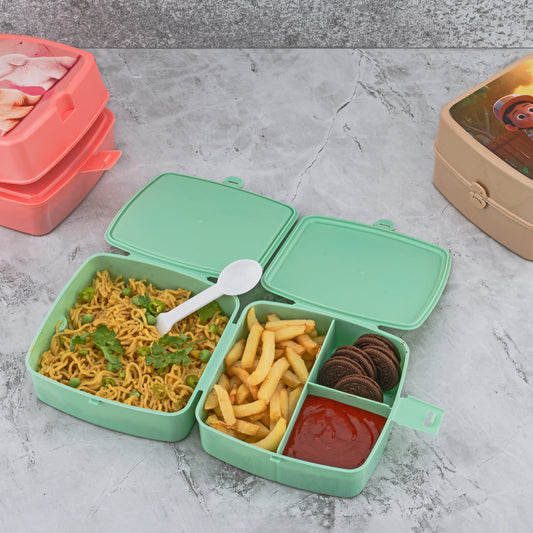 Double-layer Square Lunch Box With Spoon 4 Compartment Tiffin Push Lock Plastic Tiffin Box For Travelling School Kids Office Exclusive Home