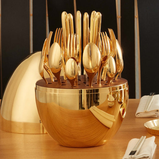 Premium Cutlery Set 24 Pcs With Oval Shaped Stand Beautiful Stylish Oval Designed Cutlery Sets Egg-shaped Luxury Spoon Holder Set (Golden 24 Pcs Set)