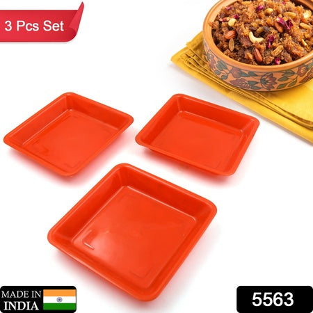 Square Plastic Halwa Dinner Plate Snacks  Breakfast Restaurant Serving Trays Home School Coffee Hotel Kitchen Office (3 Pcs Set)