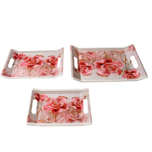 Plastic Rectangular Shape Flower Printed Design Serving Tray 3 Pcs Home And Kitchen Use (3 Pcs Set)