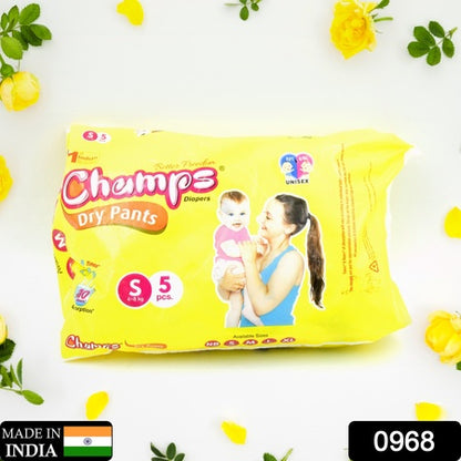 Small  Champs Dry Pants Style Diaper- Small Best For Travel  Absorption Champs Baby Diapers Champs Soft And Dry Baby Diaper Pants (S5 Pcs )