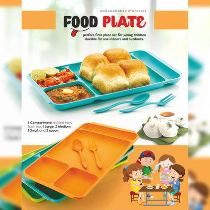 4compartment Dish With Spoon And Fork(1 Dish Set With 1spoon And 1fork) Dinner Plate Plastic Compartment Plate Pav Bhaji Plate 4-compartments Divided Plastic Food Plate.