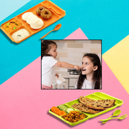 4compartment Dish With Spoon And Fork(1 Dish Set With 1spoon And 1fork) Dinner Plate Plastic Compartment Plate Pav Bhaji Plate 4-compartments Divided Plastic Food Plate.