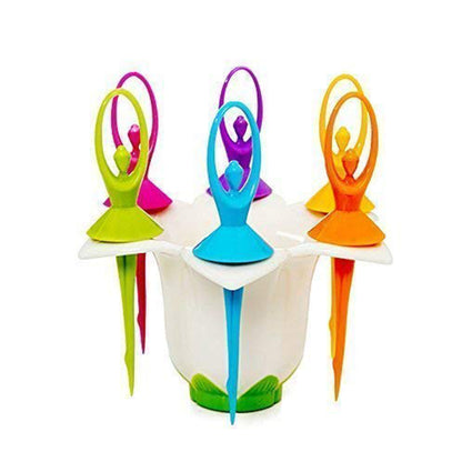 Dancing Doll Fruit Fork Cutlery Set With Stand Set Of 6.