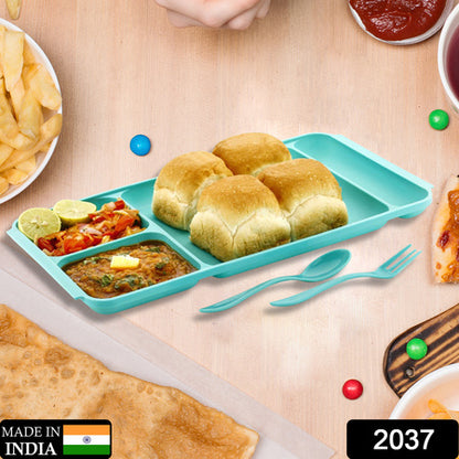 4compartment Dish With Spoon And Fork(1 Dish Set With 1spoon And 1fork) Dinner Plate Plastic Compartment Plate Pav Bhaji Plate 4-compartments Divided Plastic Food Plate.